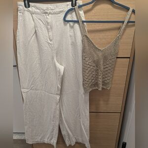 House of Harlow 1960 Two Piece Set White Linen Pants And Gold Shimmer Tank